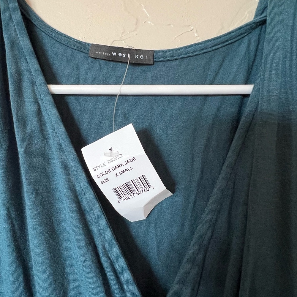 West kei Women's blue Short Sleeve V-neck Rayon Maxi Dress Size XS high low tie - Picture 2 of 6